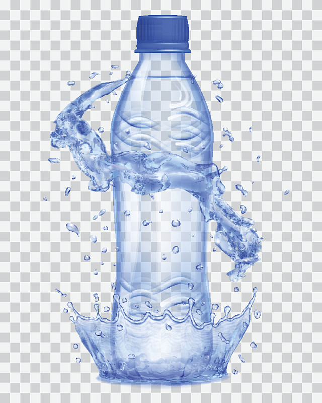 透明塑料瓶与水冠和溅在蓝色图片下载