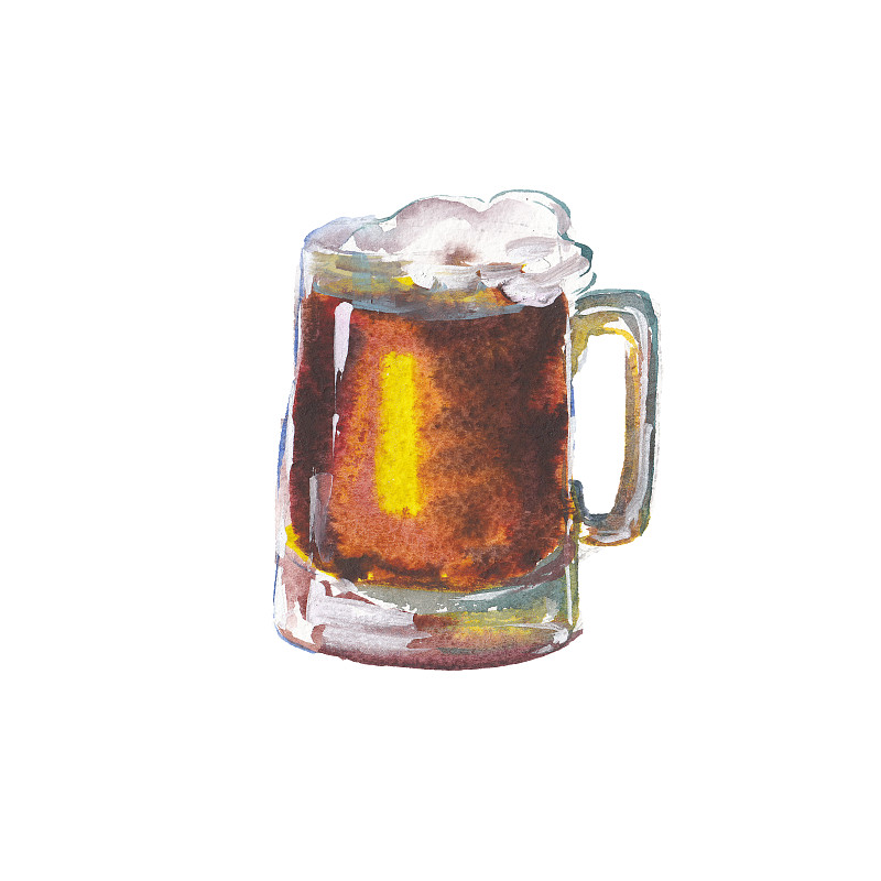 玻璃与淡鲜啤酒孤立在白色背景，水彩插图手绘风格。图片下载