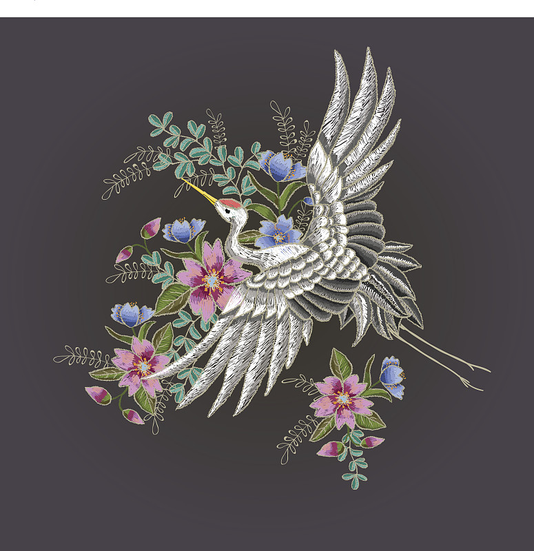 日本白鹤和花。刺绣向量。图片下载