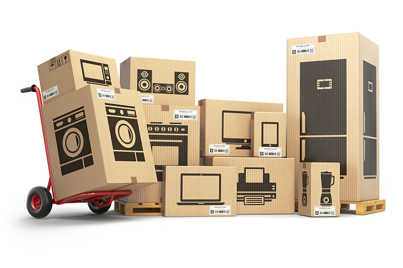 家用电器和家用电子产品在纸板箱。图片下载