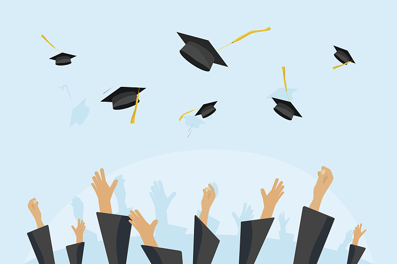 毕业的学生或小学生双手在长袍中向空中抛毕业帽，放飞学术帽，将学位板扔向空中平卡通矢量插图图片下载