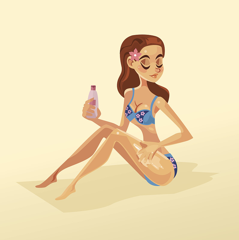 在海滩上，一个快乐微笑的女人给自己涂上了防晒霜图片下载