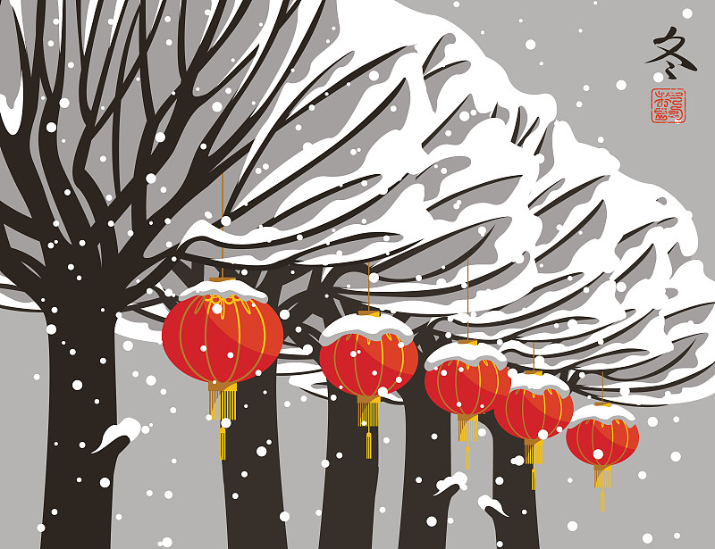 冬天的风景有树和纸灯笼图片下载