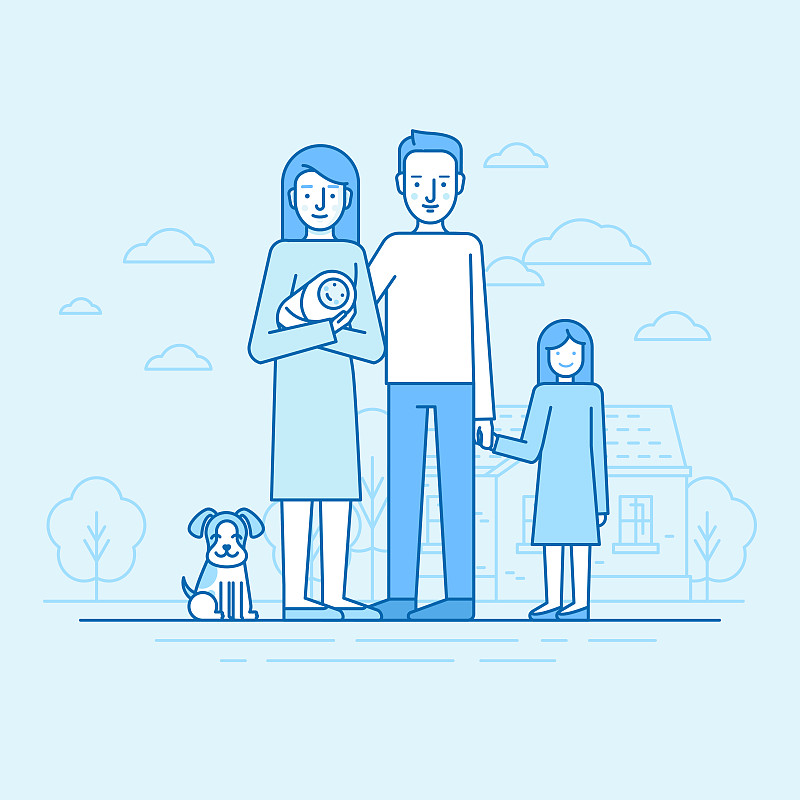 矢量平面线性插图在蓝色的幸福年轻的家庭图片下载