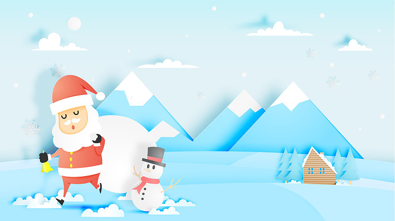 圣诞老人、雪人在纸艺术风格与令人惊叹的景观雪和雪花背景图片素材