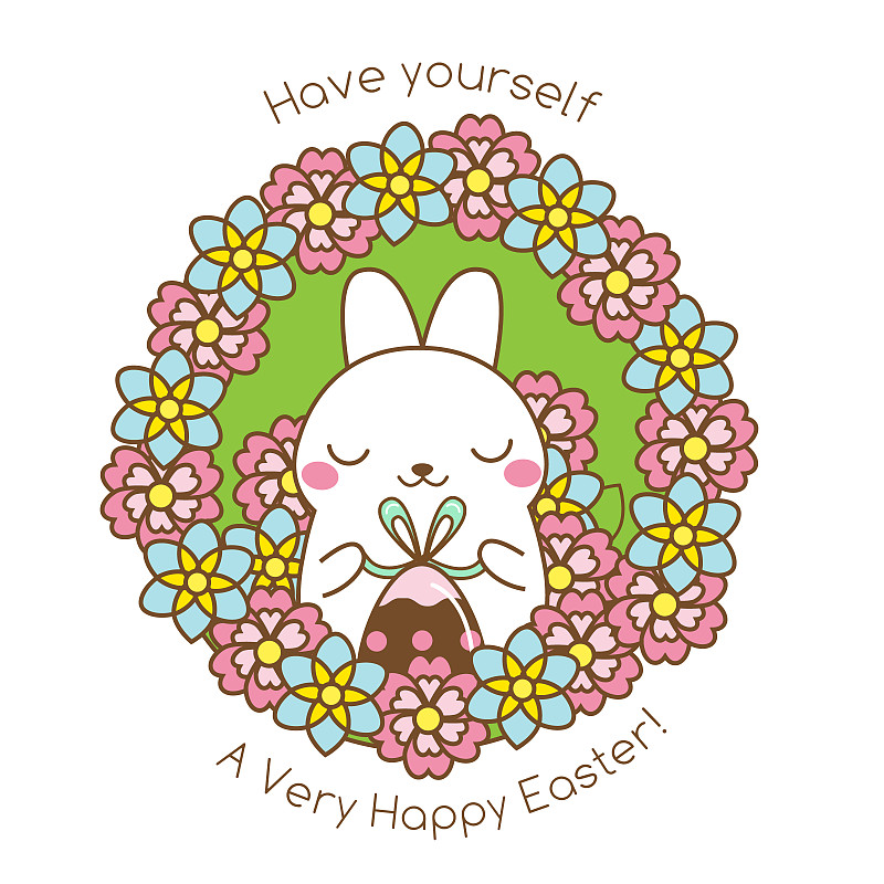 复活节快乐问候。可爱的小白兔坐在花丛中。香甜的复活节兔子和鸡蛋。孤立矢量图标，旗帜下载