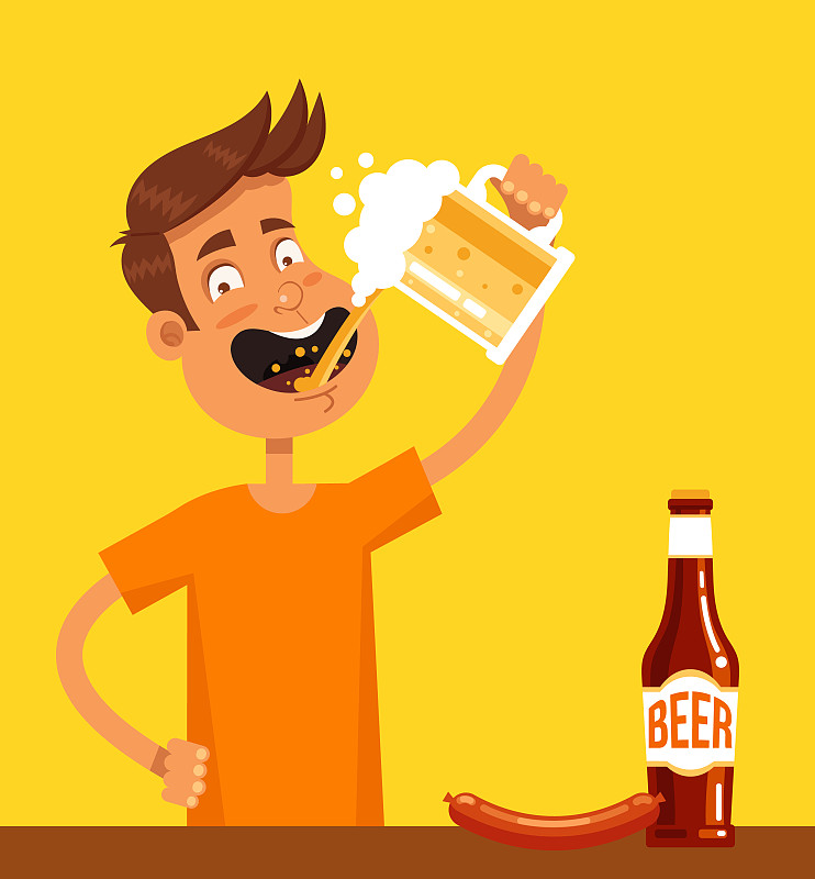 快乐微笑的男人人物吉祥物拿着杯子喝啤酒和饮料。庆祝节日酗酒成瘾元素概念。矢量平面卡通孤立设计图形说明图片下载